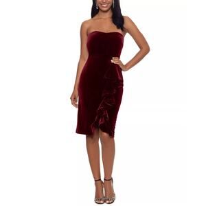 Betsy & Adam Velvet Strapless Ruffled Sheath Cocktail Dress Burgundy Red Size 4